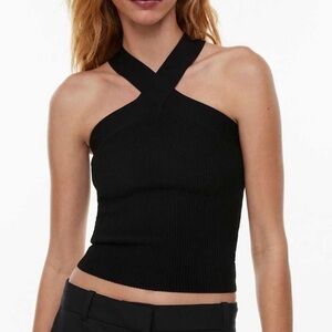 Rib Knit Criss Cross Halter Tank Black